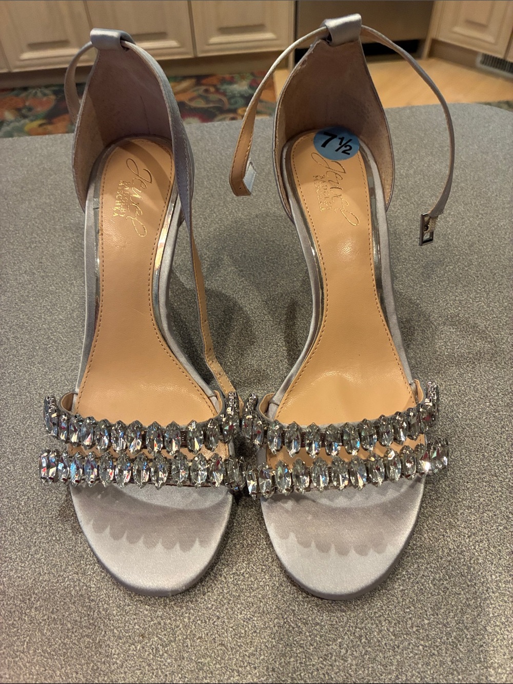 Jewel Badgley Mischka Silver Crystal-Embellished Satin Ankle-Strap Heels